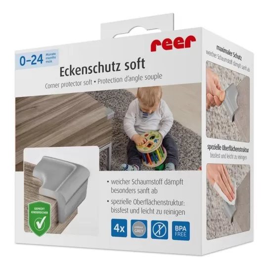 Set 4 protectii de colturi din spuma poliuretan, cu banda adeziva 3M, rezistenta la muscaturi, gri, Reer Set 4 protectii de colturi din spuma poliuretan, cu banda adeziva 3M, rezistenta la muscaturi, gri, Reer