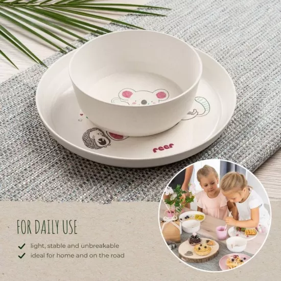 Set 5 piese vesela pentru mancarea copiilor, din materiale naturale, fara BPA, fara melamina, lavabile in masina de spalat vase, Reer Growing 22020 Set 5 piese vesela pentru mancarea copiilor, din materiale naturale, fara BPA, fara melamina, lavabile in masina de spalat vase, Reer Growing 22020