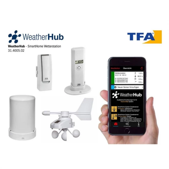 Sistem meteo SmartHome cu masurare temperatura, umiditate, precipitatii si viteza vant, data logger cu comunicare cu smartphone Weatherhub, TFA 31.4005.02