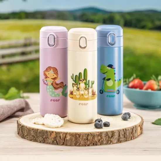 Sticla de baut cu pai din silicon pentru copii, din otel inoxidabil, 350ml, albastru, Reer Sticla de baut cu pai din silicon pentru copii, din otel inoxidabil, 350ml, albastru, Reer