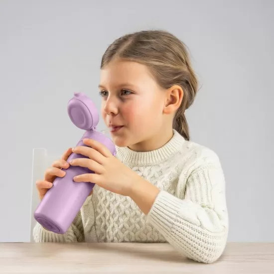 Sticla de baut cu pai din silicon pentru copii, din otel inoxidabil, 350ml, violet, Reer Sticla de baut cu pai din silicon pentru copii, din otel inoxidabil, 350ml, violet, Reer