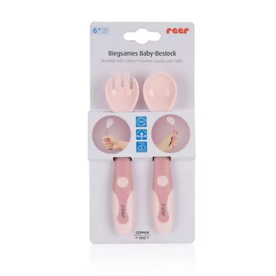 Tacamuri flexibile pentru copii, lingurita si furculita, fara BPA, roz, 6+ luni, Reer 23044 Tacamuri flexibile pentru copii, lingurita si furculita, fara BPA, roz, 6+ luni, Reer 23044