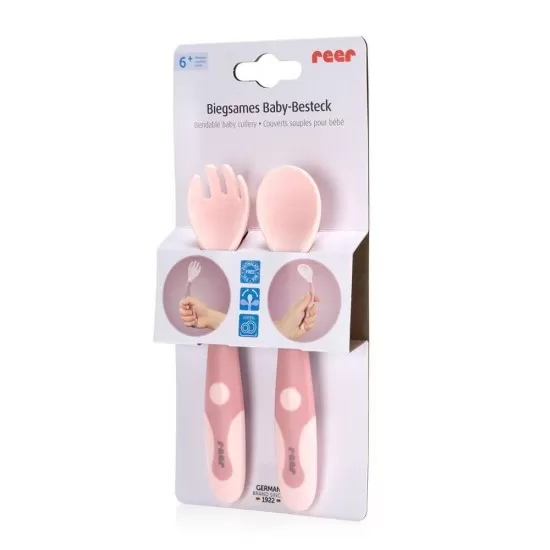 Tacamuri flexibile pentru copii, lingurita si furculita, fara BPA, roz, 6+ luni, Reer 23044 Tacamuri flexibile pentru copii, lingurita si furculita, fara BPA, roz, 6+ luni, Reer 23044