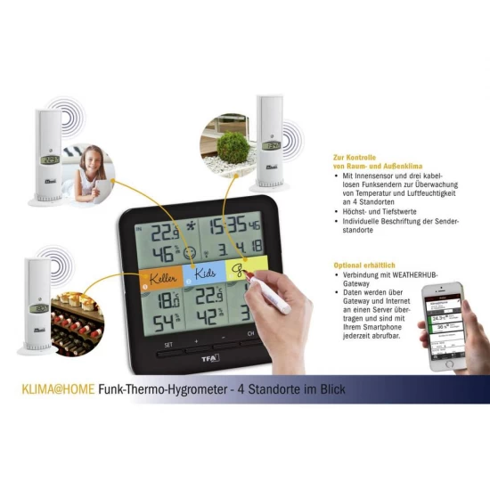 Termo-higrometru digital cu 3 senzori wireless KLIMA@HOME, compatibil cu Weatherhub SmartHome, TFA 30.3060.01.IT