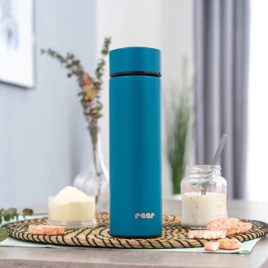 Termos din otel inoxidabil, potrivit pentru bebelusi, mentine apa calda 12 ore, Reer, 450 ml, fara BPA, albastru