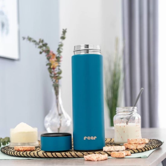 Termos din otel inoxidabil, potrivit pentru bebelusi, mentine apa calda 12 ore, Reer, 450 ml, fara BPA, albastru