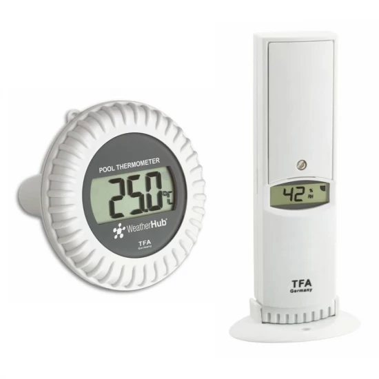 Transmitator wireless pentru temperatura si umiditate, cu senzor extern pentru temperatura apei din piscina, WeatherHub TFA 30.3310.02 Transmitator wireless pentru temperatura si umiditate, cu senzor extern pentru temperatura apei din piscina, WeatherHub TFA 30.3310.02