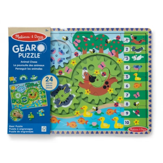 Puzzle din lemn cu rotite dintate Animale vesele 24 piese Puzzle din lemn cu rotite dintate Animale vesele 24 piese