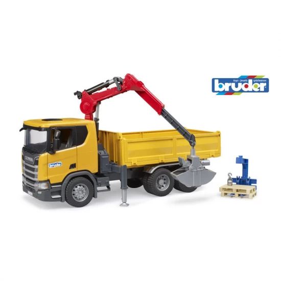 Camion de constructii Bruder Scania Super 560R cu macara si 2 paleti Camion de constructii Bruder Scania Super 560R cu macara si 2 paleti