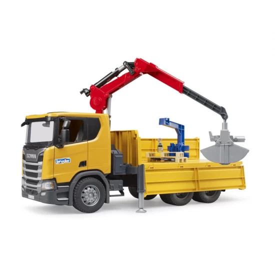 Camion de constructii Bruder Scania Super 560R cu macara si 2 paleti Camion de constructii Bruder Scania Super 560R cu macara si 2 paleti