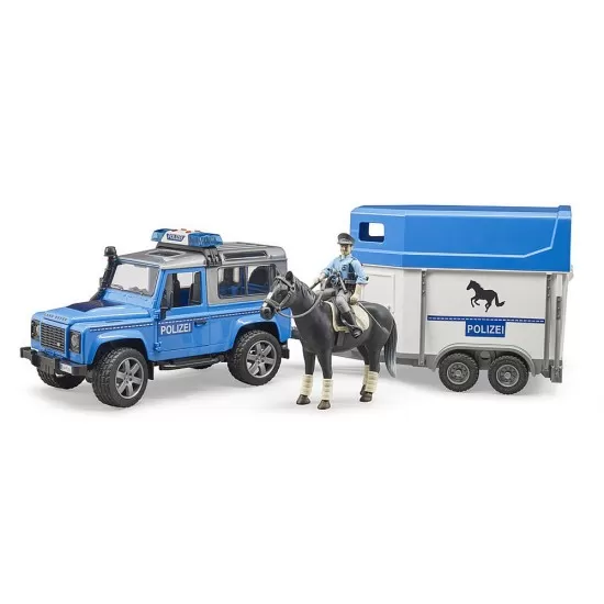 Masina de politie Land Rover Defender cu remorca, politist si cal Bruder Masina de politie Land Rover Defender cu remorca, politist si cal Bruder