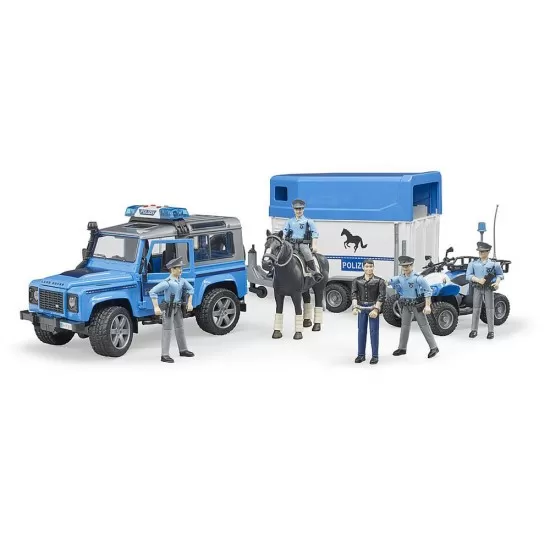 Masina de politie Land Rover Defender cu remorca, politist si cal Bruder Masina de politie Land Rover Defender cu remorca, politist si cal Bruder