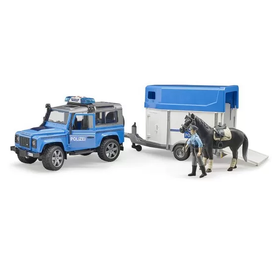 Masina de politie Land Rover Defender cu remorca, politist si cal Bruder Masina de politie Land Rover Defender cu remorca, politist si cal Bruder