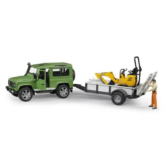 Masina de teren Land Rover Defender cu remorca si micro excavator JCB cu muncitor Masina de teren Land Rover Defender cu remorca si micro excavator JCB cu muncitor