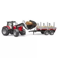 Tractor Massey Ferguson 7480 cu incarcator frontal si remorca pentru lemne Bruder