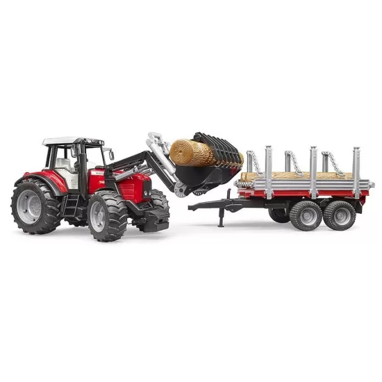 Tractor Massey Ferguson 7480 cu incarcator frontal si remorca pentru lemne Bruder Tractor Massey Ferguson 7480 cu incarcator frontal si remorca pentru lemne Bruder