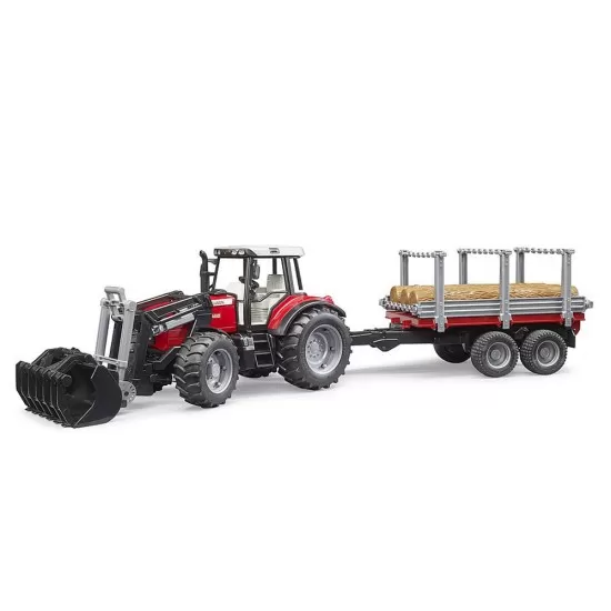 Tractor Massey Ferguson 7480 cu incarcator frontal si remorca pentru lemne Bruder Tractor Massey Ferguson 7480 cu incarcator frontal si remorca pentru lemne Bruder