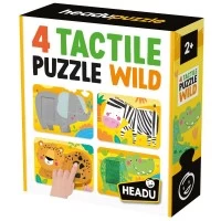 Set 4 puzzleuri tactile cu piese mari Headu, Animale din salbaticie, pentru copiii de peste 2 ani