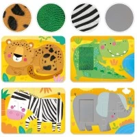 Set 4 puzzleuri tactile cu piese mari Headu, Animale din salbaticie, pentru copiii de peste 2 ani