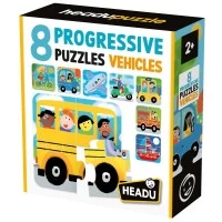 Set 8 puzzleuri progresive vehicule cu piese mari pentru copiii de peste 2 ani Headu