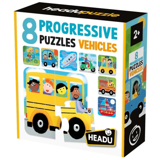 Set 8 puzzleuri progresive vehicule cu piese mari pentru copiii de peste 2 ani Headu