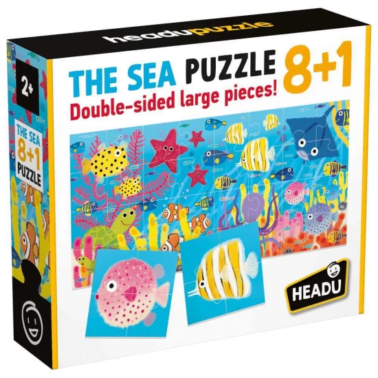 Set 8+1 puzzle Headu animale marine cu piese mari imprimate pe ambele fete Set 8+1 puzzle Headu animale marine cu piese mari imprimate pe ambele fete