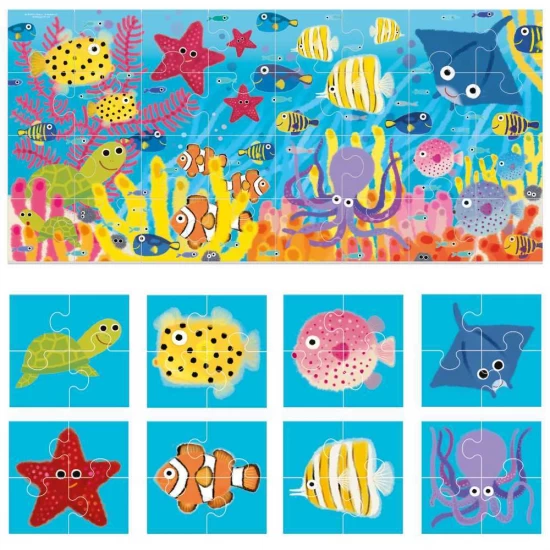 Set 8+1 puzzle Headu animale marine cu piese mari imprimate pe ambele fete Set 8+1 puzzle Headu animale marine cu piese mari imprimate pe ambele fete