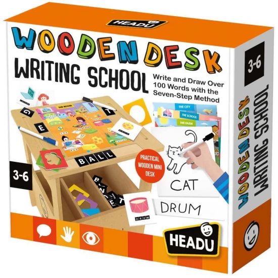 Joc educativ Headu - Birou din lemn cu diverse activitati educative de a scrie si desena 3-6 ani Joc educativ Headu - Birou din lemn cu diverse activitati educative de a scrie si desena 3-6 ani