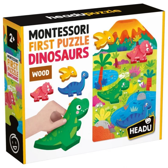 Joc Montessori Headu - Primul meu puzzle cu dinozauri ce include 4 forme din lemn Joc Montessori Headu - Primul meu puzzle cu dinozauri ce include 4 forme din lemn