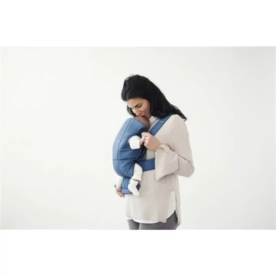 Marsupiu anatomic BabyBjorn Mini cu pozitii multiple de purtare Vintage Indigo Bumbac