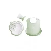 Set hranire pentru bebe BabyBjorn - Farfurie, lingurita, furculita, pahar si bavetica Powder Green