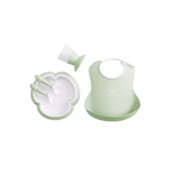 Set hranire pentru bebe BabyBjorn - Farfurie, lingurita, furculita, pahar si bavetica Powder Green Set hranire pentru bebe BabyBjorn - Farfurie, lingurita, furculita, pahar si bavetica Powder Green