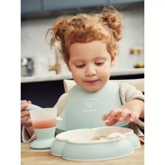 Set hranire pentru bebe BabyBjorn - Farfurie, lingurita, furculita, pahar si bavetica Powder Green Set hranire pentru bebe BabyBjorn - Farfurie, lingurita, furculita, pahar si bavetica Powder Green