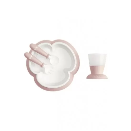 Set hranire BabyBjorn Powder Pink - Farfurie, lingurita, furculita si pahar pentru bebe