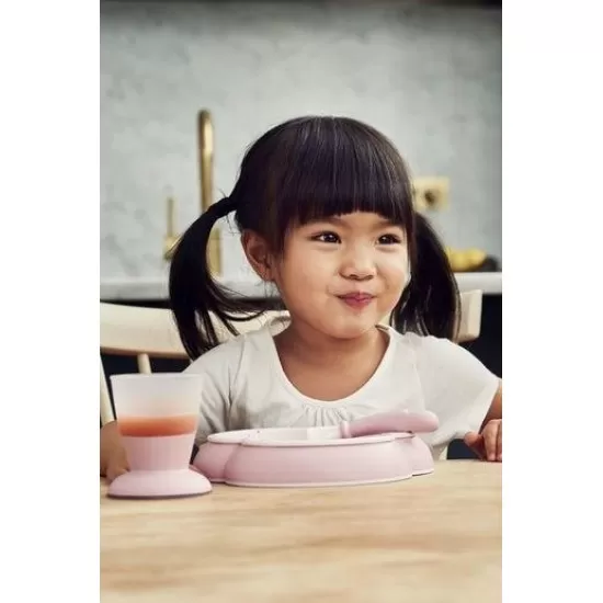Set hranire BabyBjorn Powder Pink - Farfurie, lingurita, furculita si pahar pentru bebe