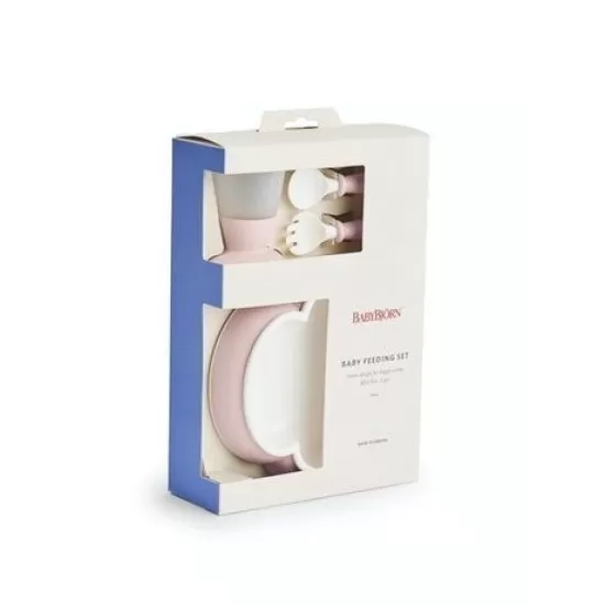 Set hranire BabyBjorn Powder Pink - Farfurie, lingurita, furculita si pahar pentru bebe
