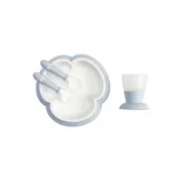 Set hranire BabyBjorn Powder Blue - Farfurie, lingurita, furculita si pahar pentru bebe
