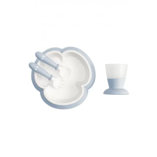 Set hranire BabyBjorn Powder Blue - Farfurie, lingurita, furculita si pahar pentru bebe Set hranire BabyBjorn Powder Blue - Farfurie, lingurita, furculita si pahar pentru bebe