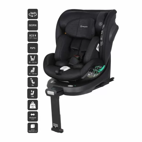 Scaun auto rotativ BabyGo Prime 360 Black 40-150 cm certificat R129 Scaun auto rotativ BabyGo Prime 360 Black 40-150 cm certificat R129