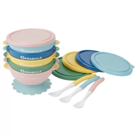 Set 5 boluri si 3 lingurite colorate Badabulle