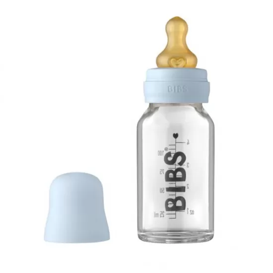 Set complet biberon din sticla anticolici 110 ml Baby Blue BIBS Set complet biberon din sticla anticolici 110 ml Baby Blue BIBS