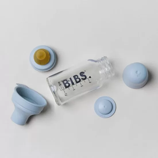 Set complet biberon din sticla anticolici 110 ml Baby Blue BIBS Set complet biberon din sticla anticolici 110 ml Baby Blue BIBS