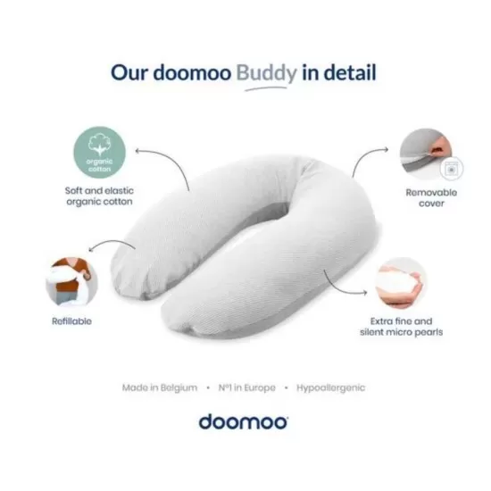 Perna mare pentru gravide si bebelusi 3 in 1 bumbac organic Doomoo Buddy Light Grey Perna mare pentru gravide si bebelusi 3 in 1 bumbac organic Doomoo Buddy Light Grey