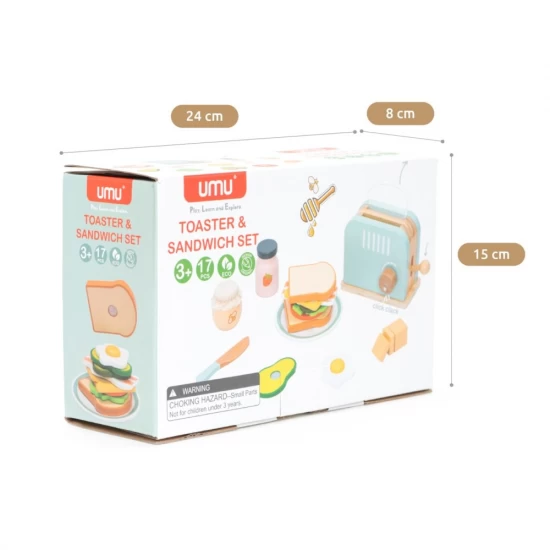 Set de joaca din lemn prajitor de paine cu accesorii 17 piese UMU Toys Set de joaca din lemn prajitor de paine cu accesorii 17 piese UMU Toys