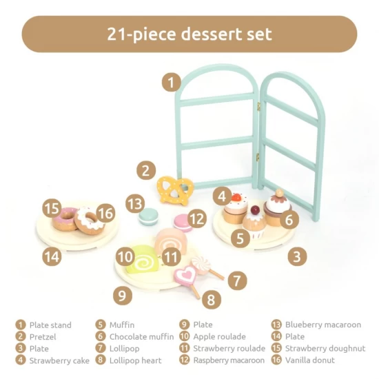 Set de joaca din lemn suport cu deserturi 21 piese UMU Toys Set de joaca din lemn suport cu deserturi 21 piese UMU Toys