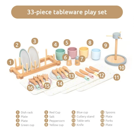 Set de joaca din lemn pentru servirea mesei 33 piese UMU Toys Set de joaca din lemn pentru servirea mesei 33 piese UMU Toys