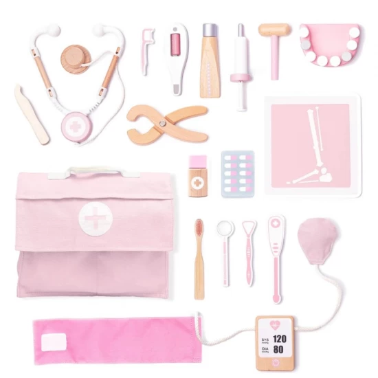 Set de joaca doctor din lemn 18 piese roz UMU Toys Set de joaca doctor din lemn 18 piese roz UMU Toys