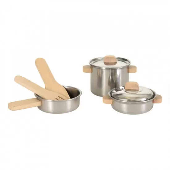 Set de joaca vase de inox cu manere din lemn Egmont Toys Set de joaca vase de inox cu manere din lemn Egmont Toys
