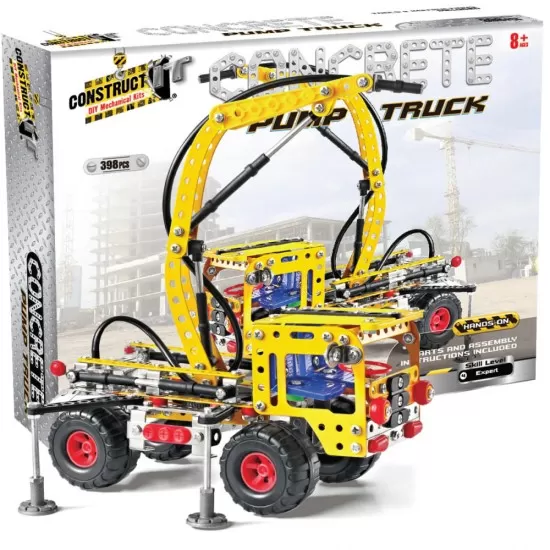 Kit constructie STEM Camion cu pompa pentru turnat ciment, nivel avansat, 398 piese