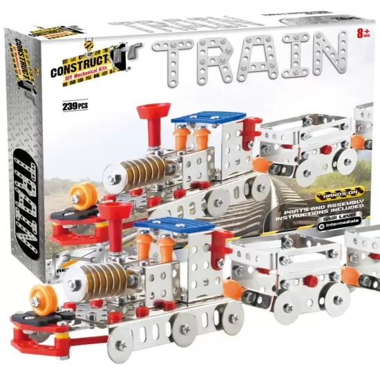 Kit STEM Locomotiva cu aburi și doua vagoane, nivel intermediar, 239 piese